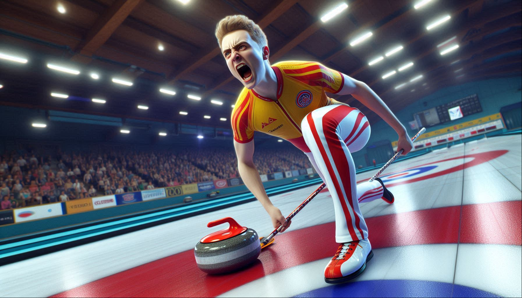Curling player shouting during a curling game